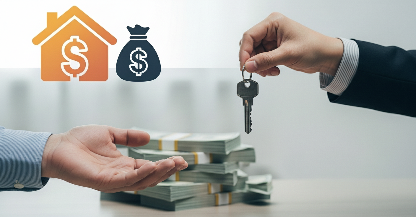 Hand giving house key with cash stacks, showing how to sell my house as is quickly in NC