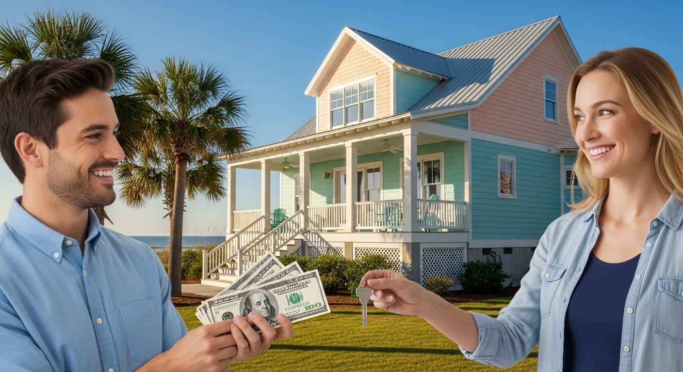 Happy NC coastal home seller exchanging house keys for cash from a buyer