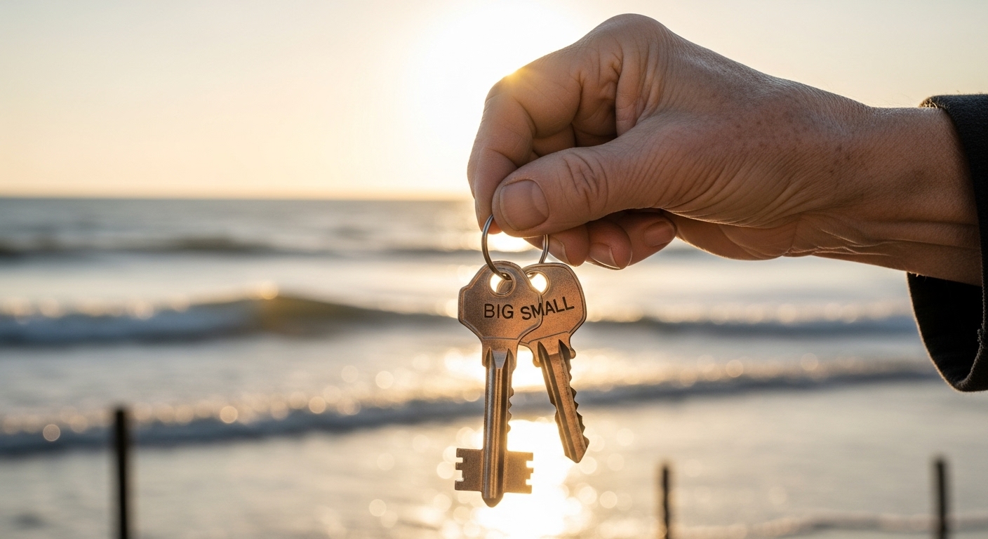 Hand holding house keys at the beach, symbolizing decisions about downsizing your home