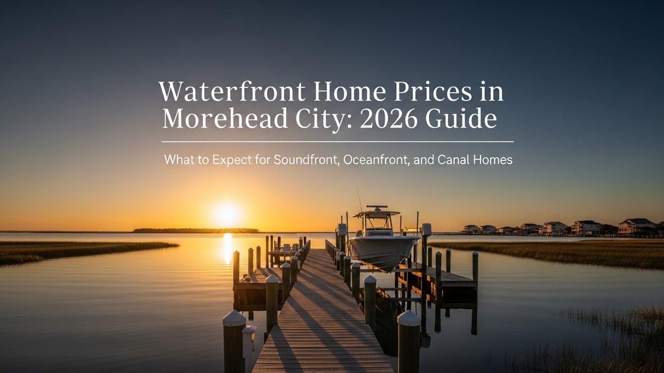 Waterfront homes in Morehead City with boat dock at sunrise, 2026 price guide