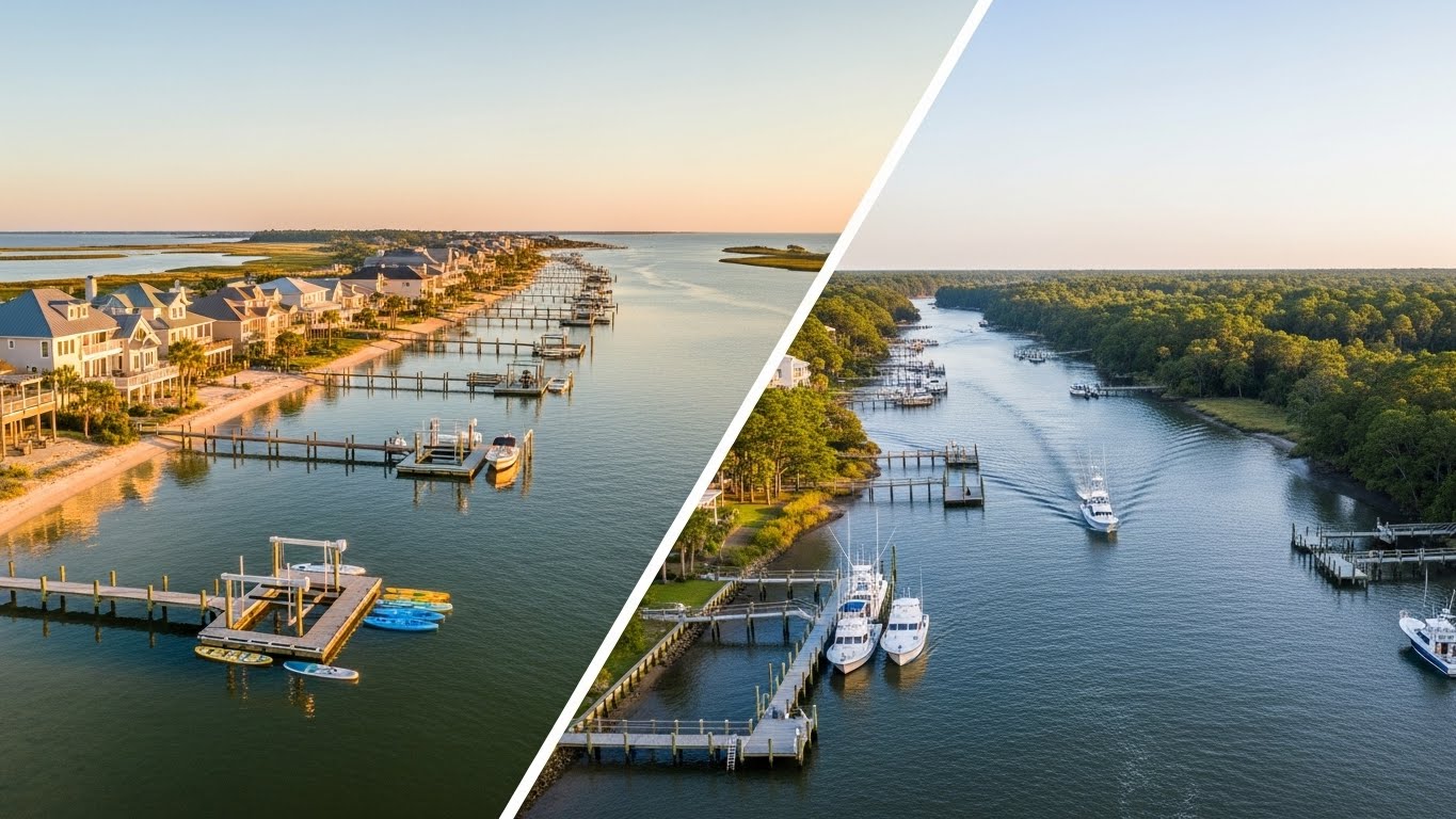 Bogue Sound and Newport River waterfront homes showing differences in boating and shoreline views