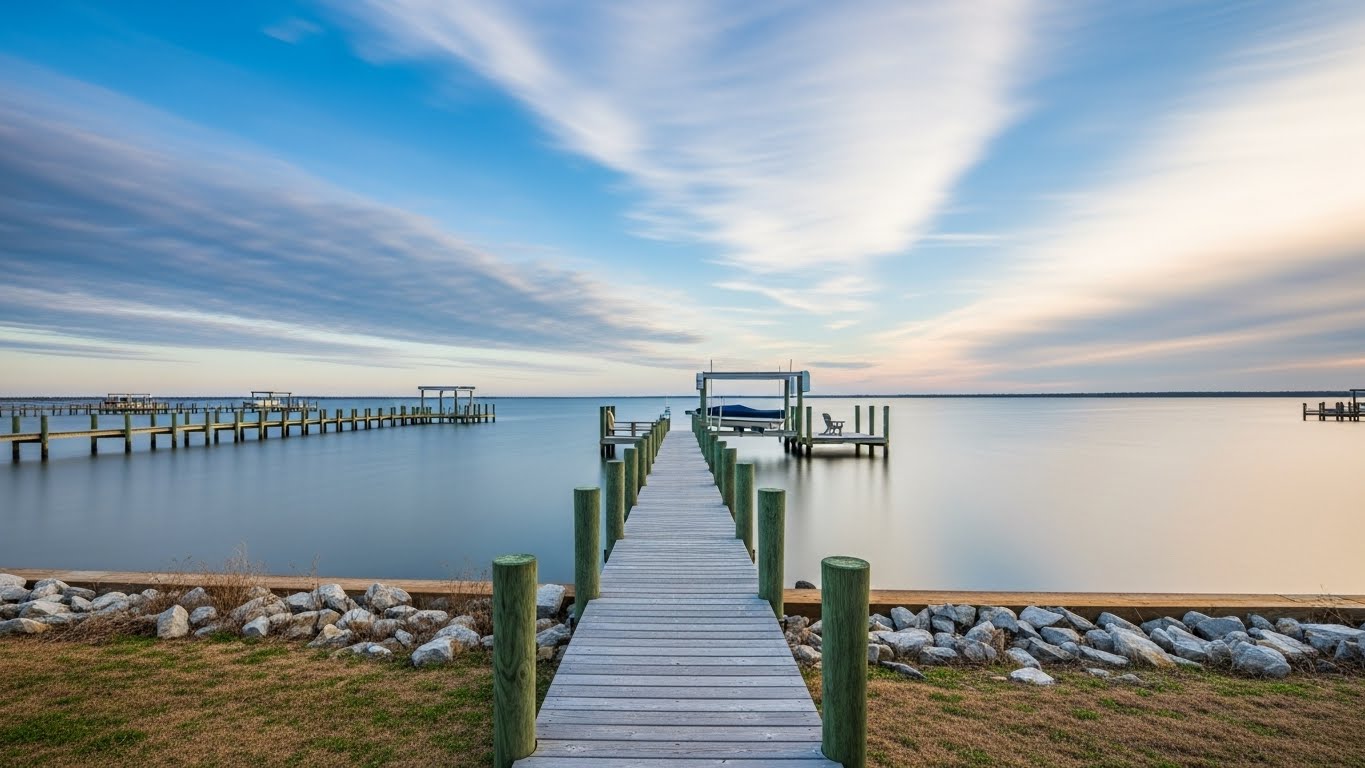 Morehead City waterfront dock and calm water highlighting home buying timing around hurricane season