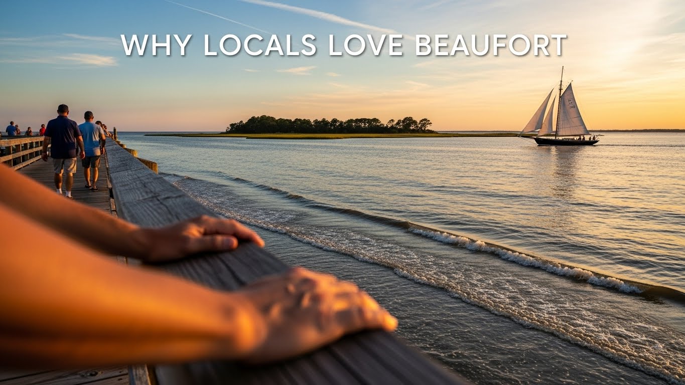 People walking Beaufort NC waterfront boardwalk at sunset with sailboat on calm water