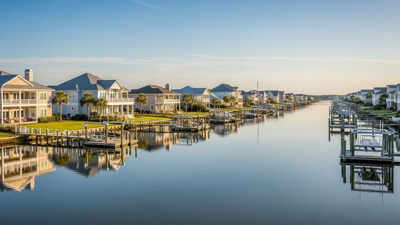 Morehead City, NC waterfront neighborhood with homes and private docks