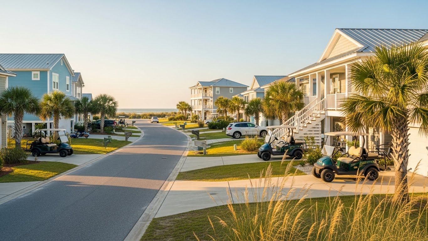 Oak Island NC coastal neighborhood with beach homes, palm trees, and quiet streets