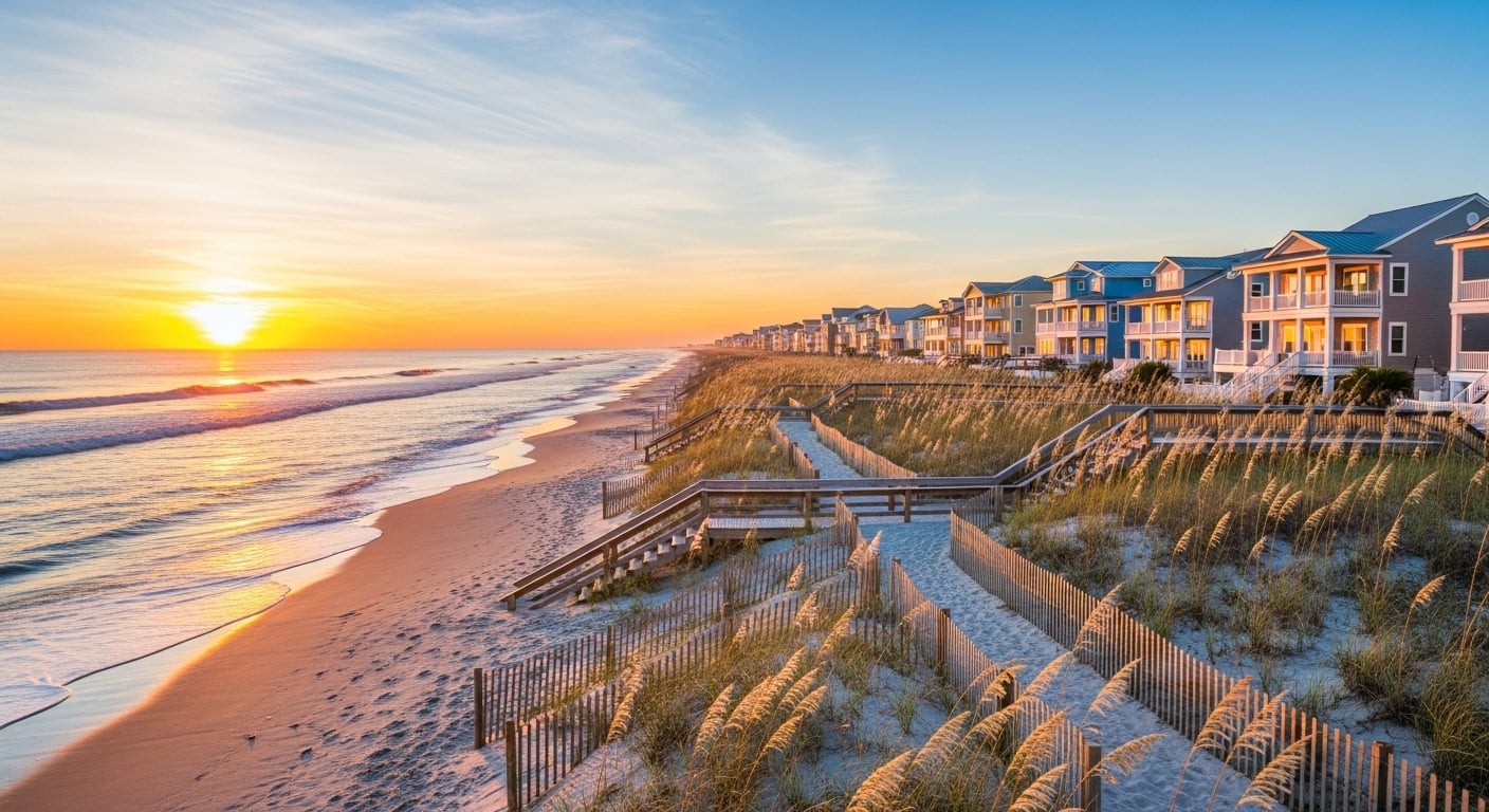 Carolina Beach oceanfront condos and homes at sunrise reflecting the coastal housing market