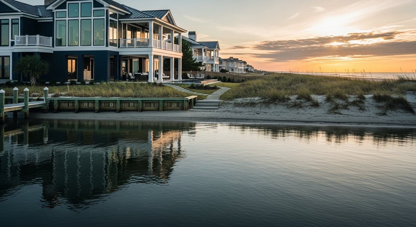 Luxury waterfront homes along the North Carolina coast showcasing high-end beachfront real estate