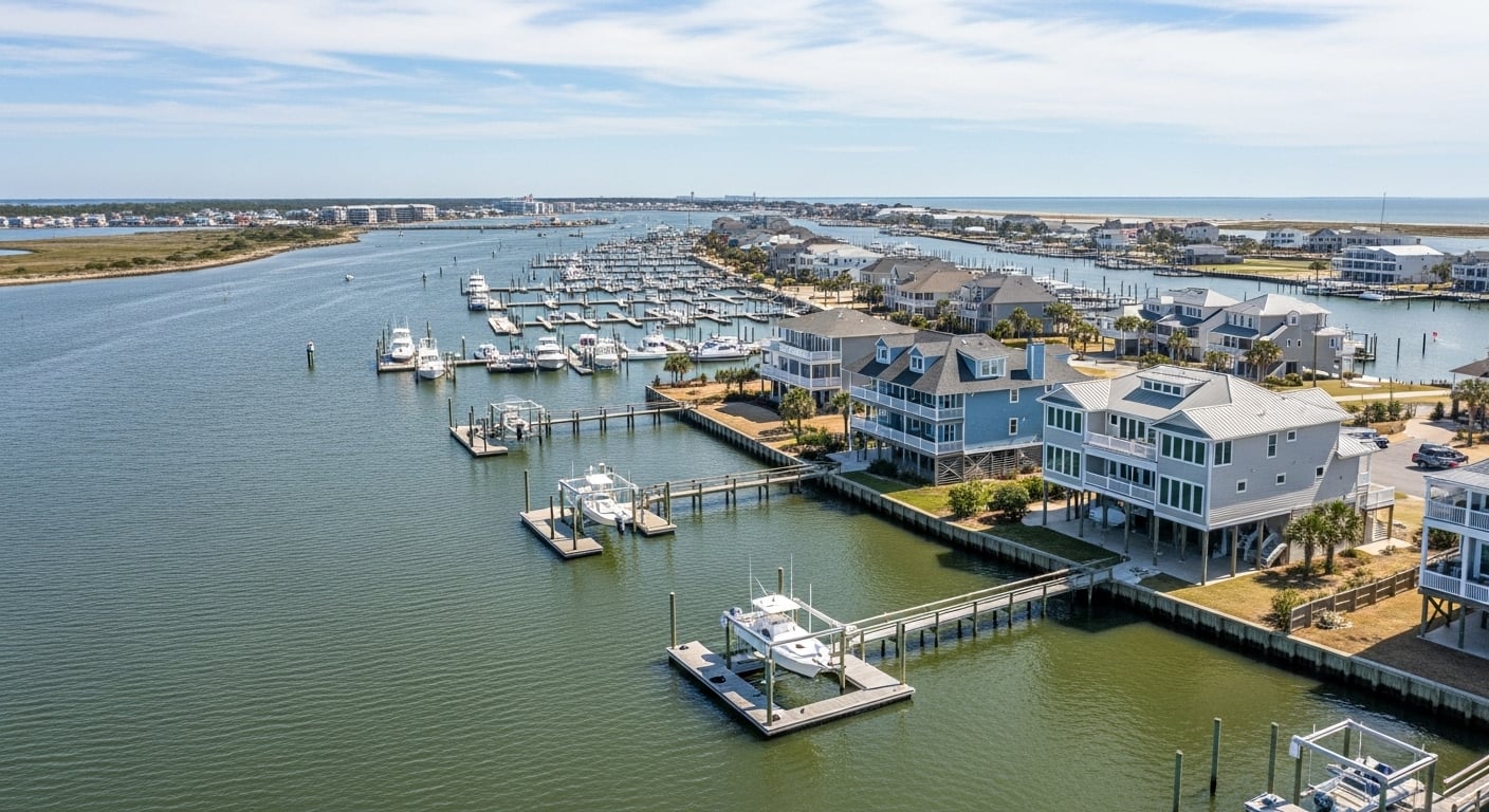 Coastal NC waterfront homes and marina area ideal for fast-closing real estate buyers
