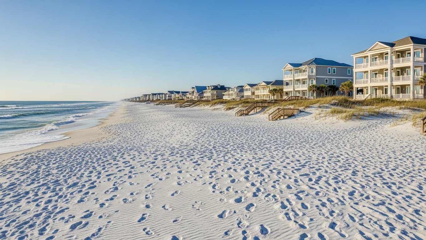 Beachfront homes along Carolina Beach with ocean views and white sand shoreline