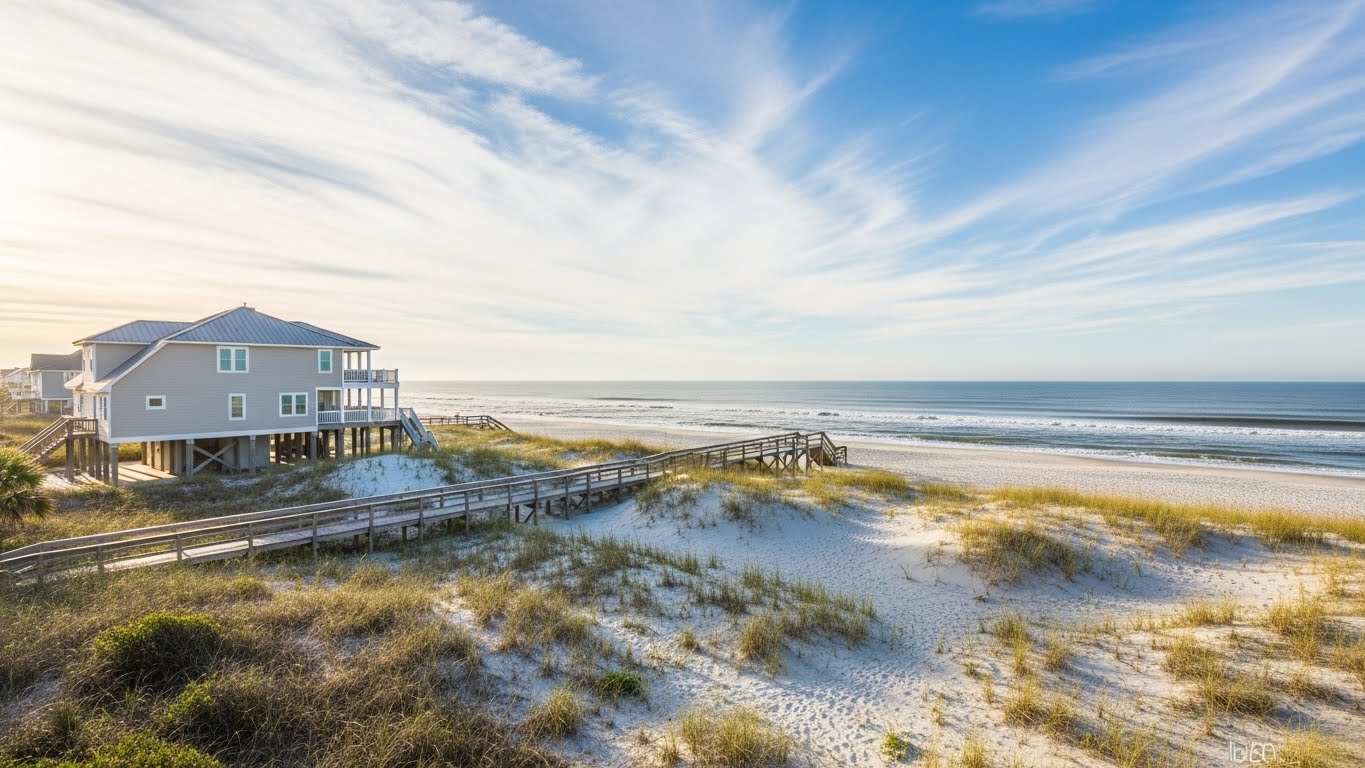Oak Island, NC waterfront home with boardwalk access showcasing prime beach property