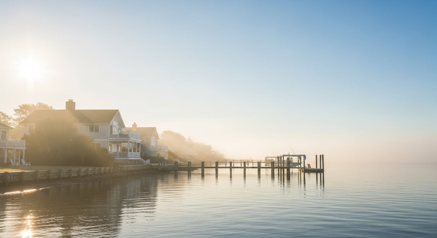 Coastal North Carolina waterfront homes with private docks along calm intracoastal waters