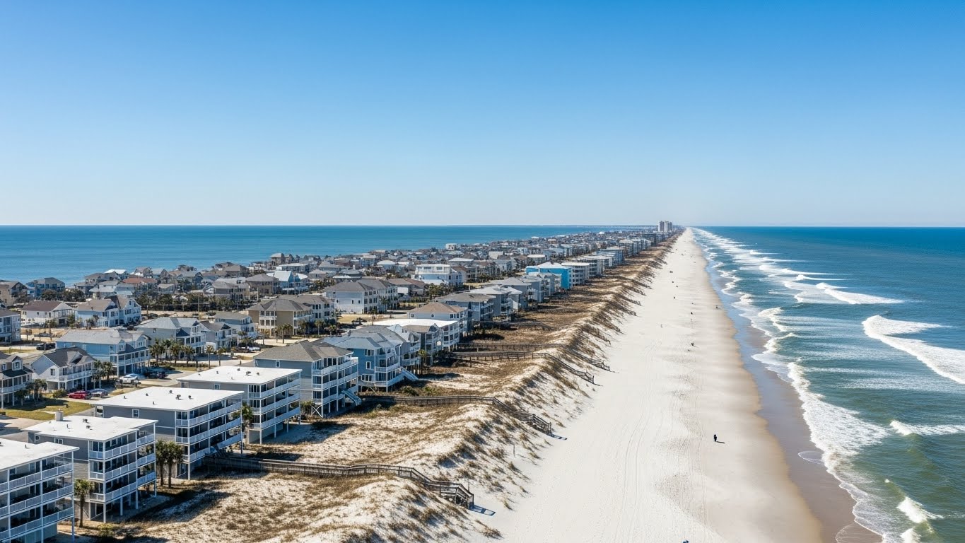Carolina Beach NC oceanfront community with beachfront homes and long sandy shoreline