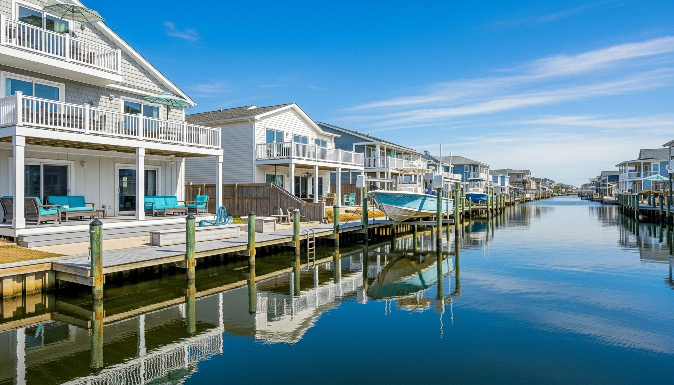 Oak Island waterfront homes with private docks highlighting coastal real estate investment potential