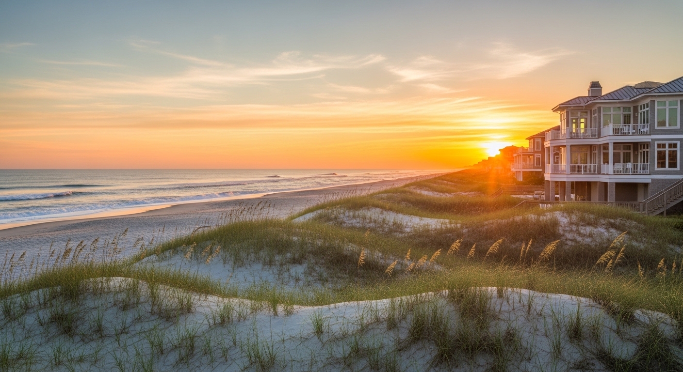 Carolina Beach oceanfront homes at sunrise highlighting waterfront property buying opportunities
