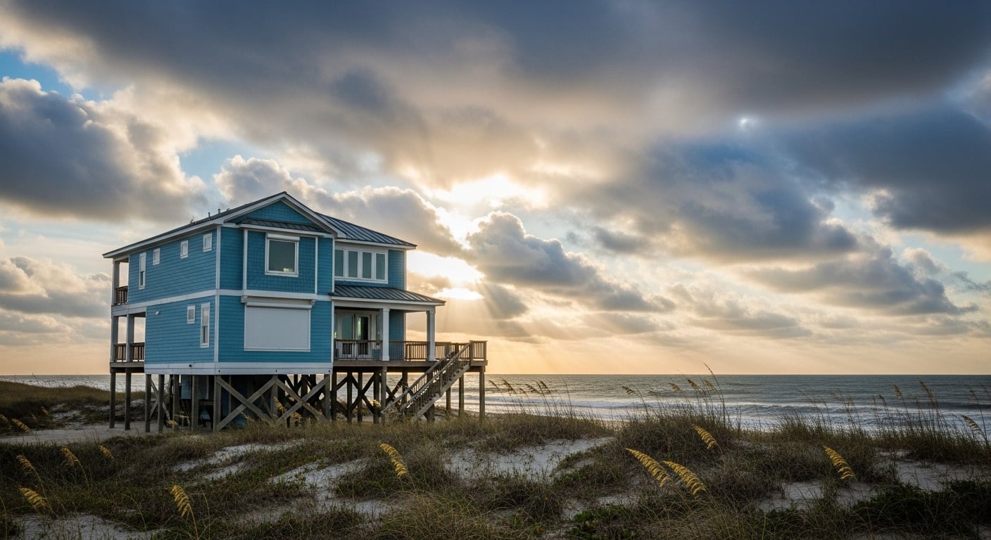 Oceanfront stilt home in Oak Island, NC at sunset with dunes and coastal views