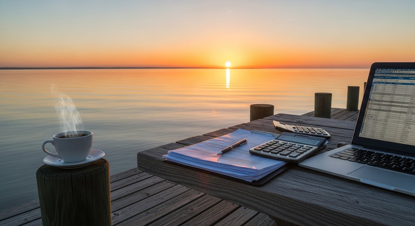 Crystal Coast waterfront dock with laptop and bills, symbolizing hidden home ownership costs