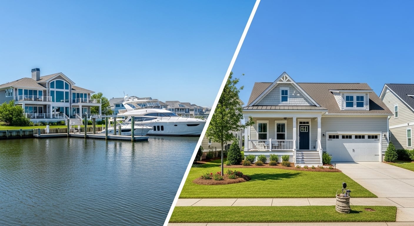 Waterfront and suburban homes in Morehead City, NC with price comparison view