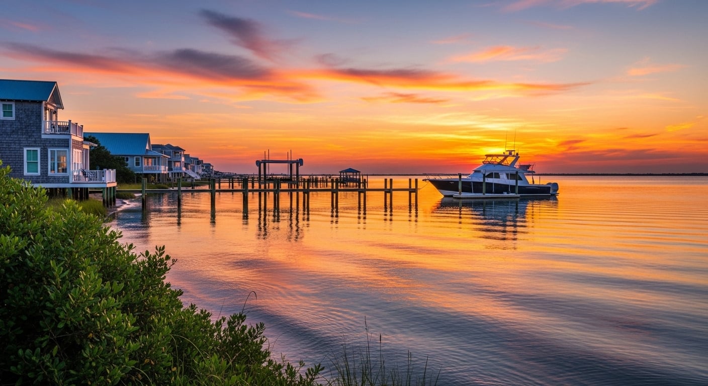 Waterfront homes and dock at sunset in Morehead City, NC coastal real estate prices