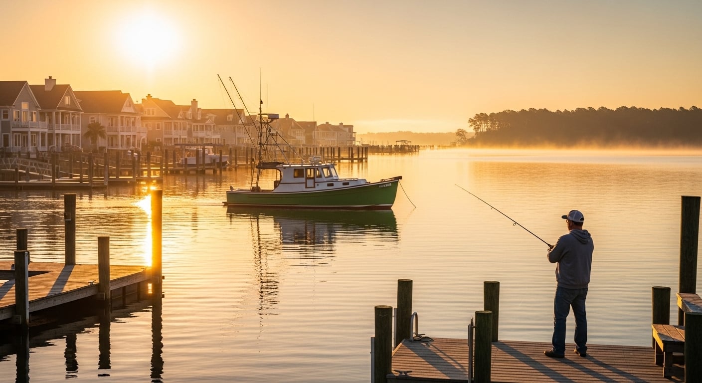 Fisherman at sunrise in Morehead City waterfront community with boat and dock access