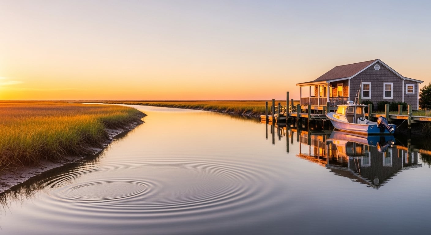 Morehead City waterfront cottage with dock at sunset, symbolizing an affordable home under $500K