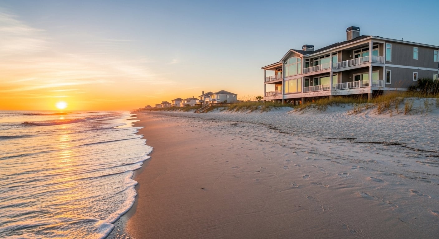 Oak Island oceanfront homes at sunrise reflecting coastal North Carolina housing market trends