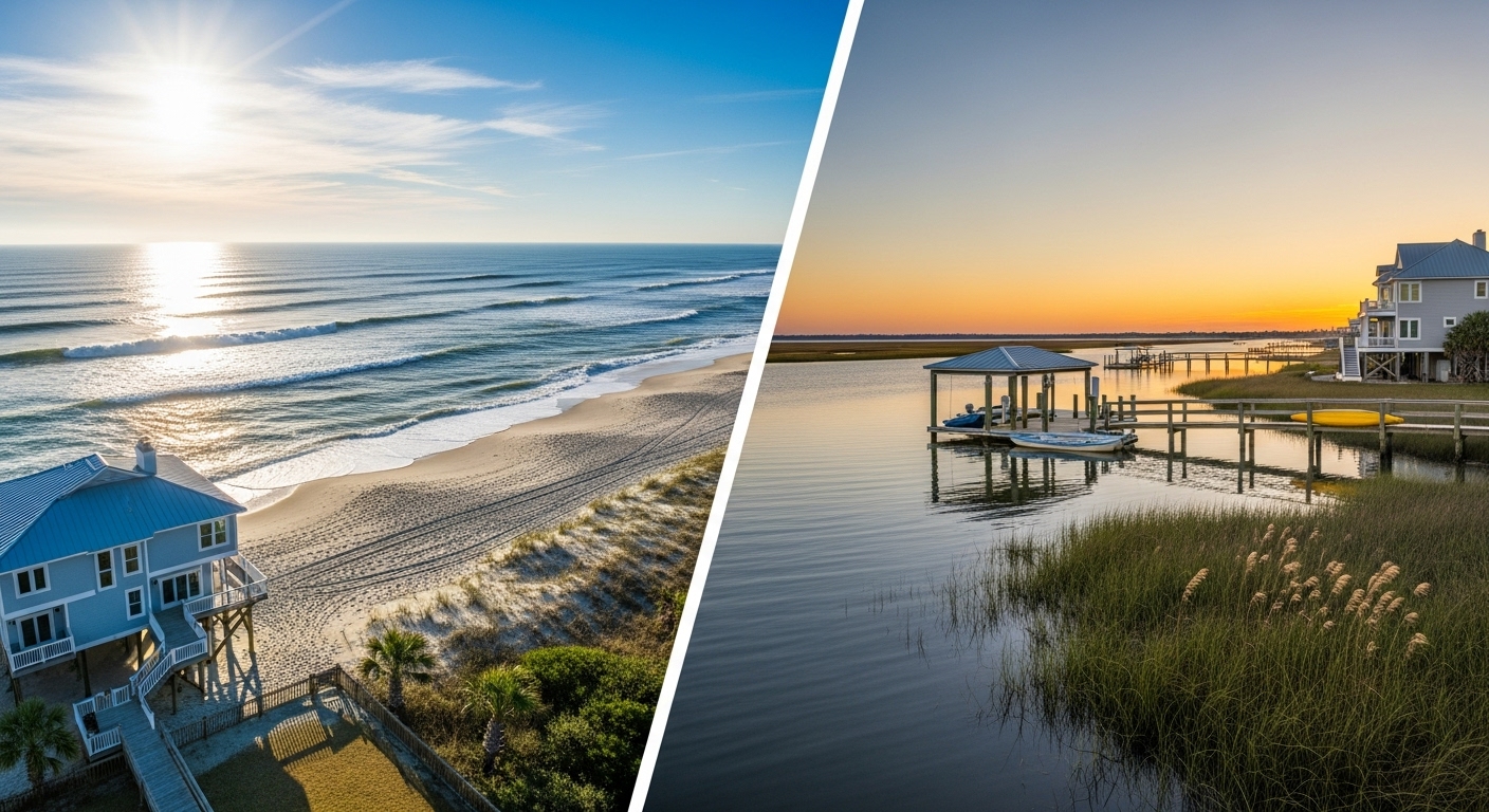 Oceanfront beach home compared to soundfront dock property in Carolina Beach North Carolina
