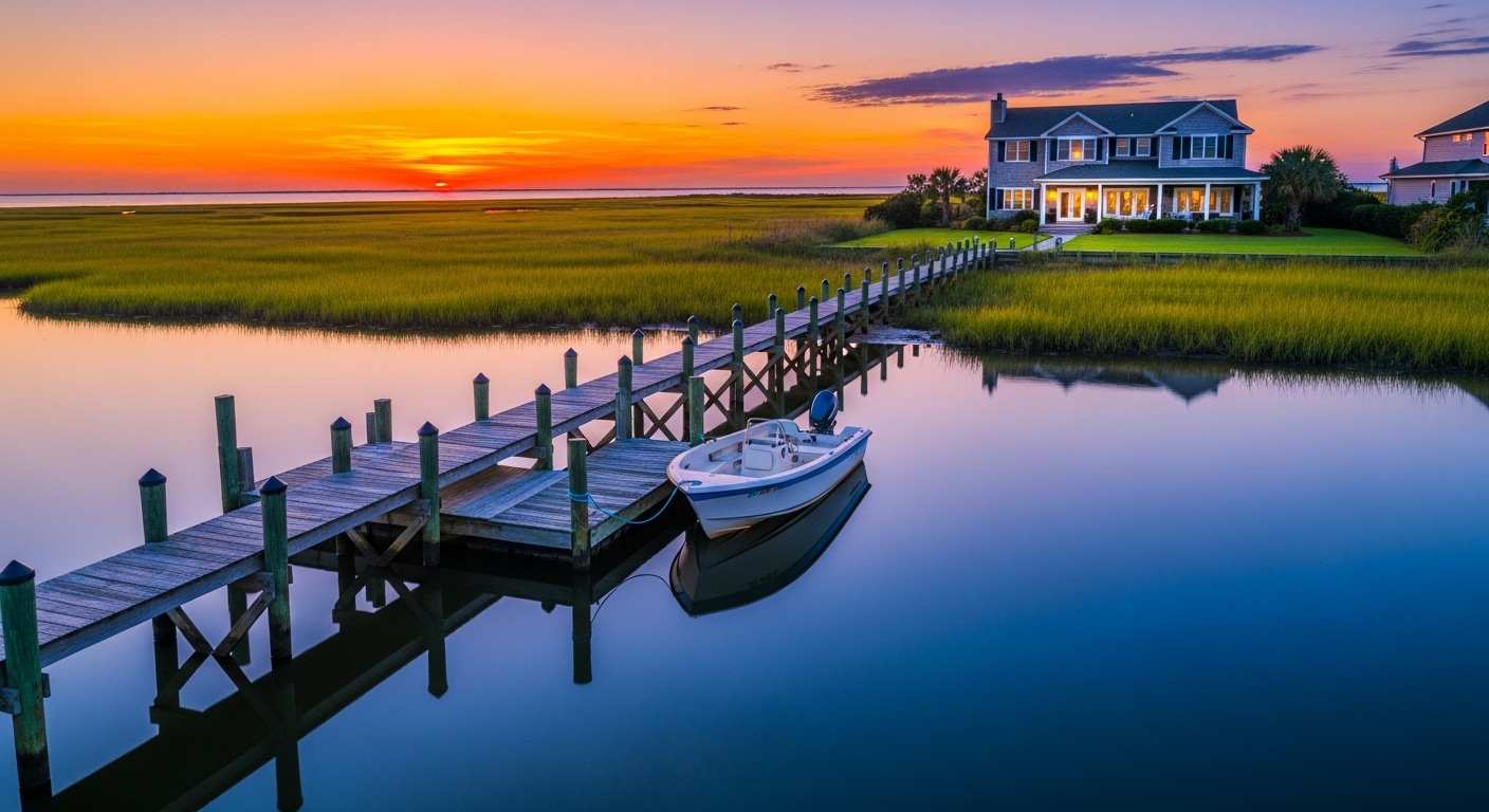 Soundfront home with private dock in Oak Island contrasted with nearby coastal waterfront living