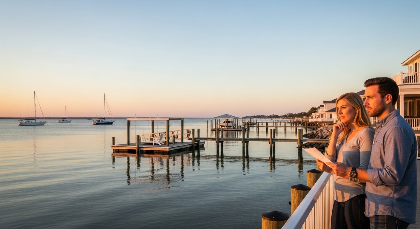 Couple viewing waterfront homes in Morehead City, NC before buying coastal property