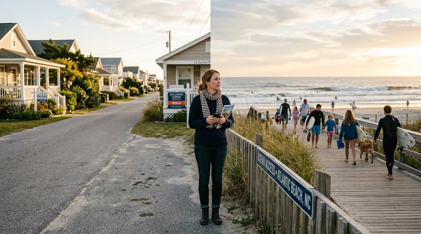 Exploring neighborhoods near Atlantic Beach, NC with homes and beach access