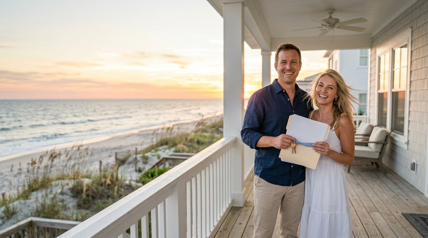 Couple holding keys on Carolina Beach oceanfront home after seller closing costs
