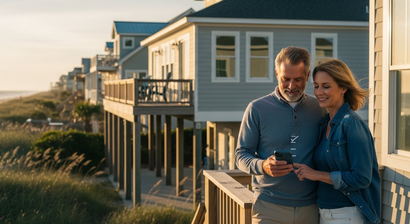 Couple touring elevated coastal home during beach property walkthrough checklist