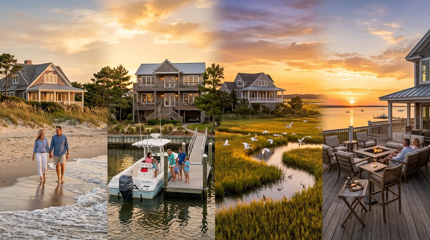 Coastal property types illustrated: beach home, canal dock house, marshfront view, and waterfront deck living