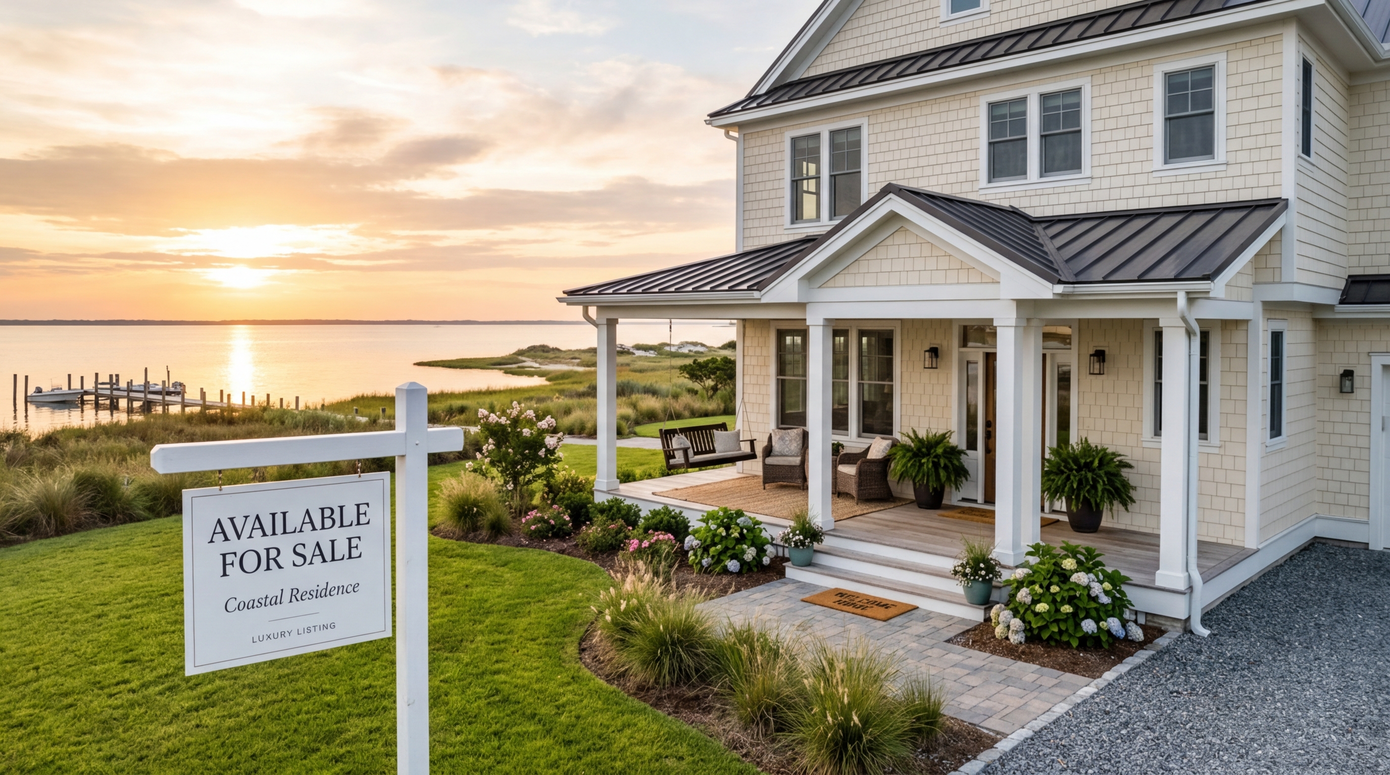 Coastal North Carolina home for sale on waterfront property at sunset