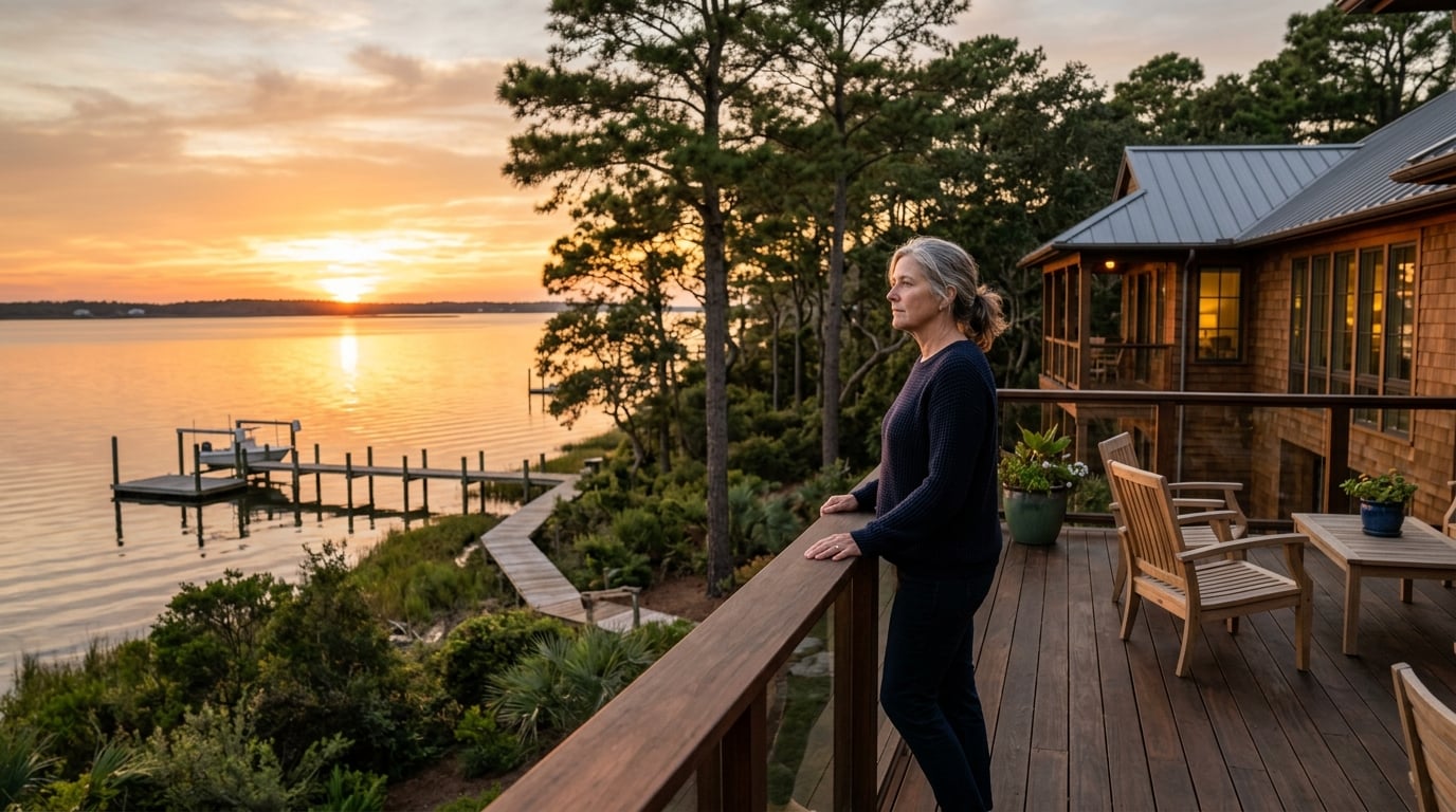 Pine Knoll Shores waterfront home view at sunset for home value estimate