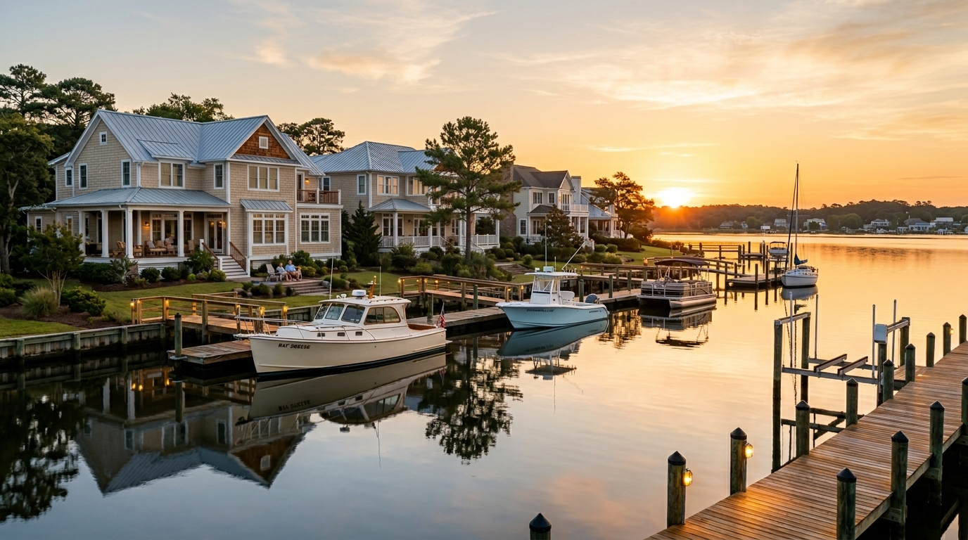 Waterfront homes with private docks at sunset in Swansboro, NC coastal neighborhood