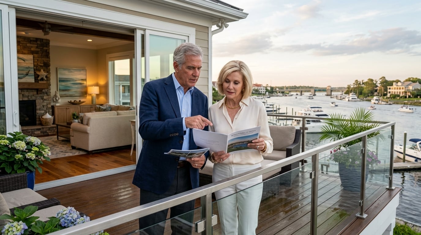 Couple reviewing waterfront luxury home details in Wilmington, NC