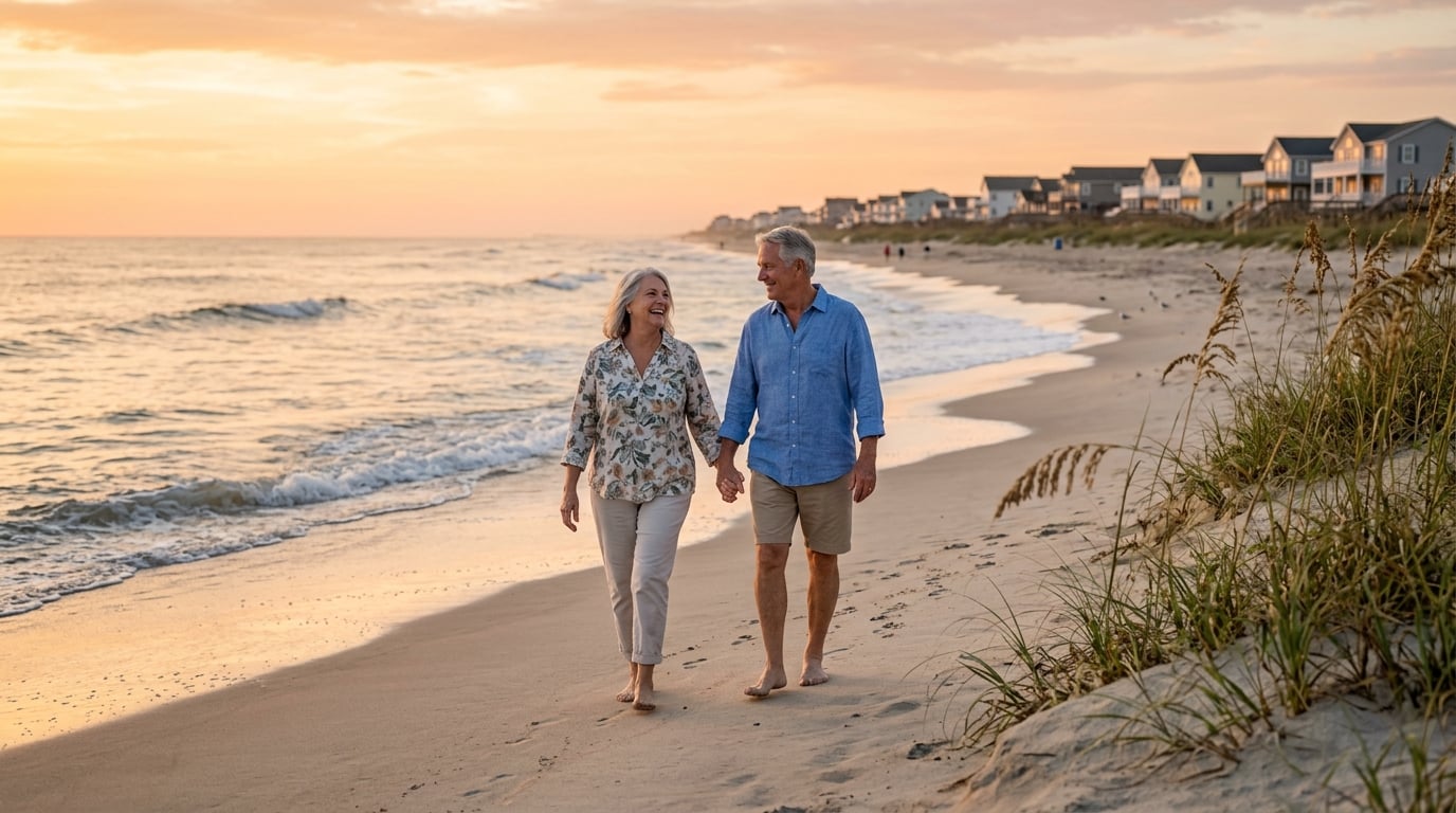 Retired couple walking Surf City beach at sunset coastal North Carolina lifestyle