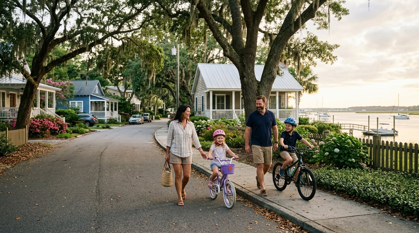 Family with kids biking and walking in a quiet Swansboro waterfront neighborhood