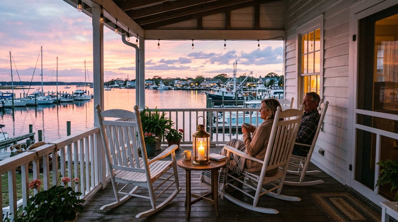 Beaufort, NC waterfront porch at sunset showing relaxed year-round coastal living