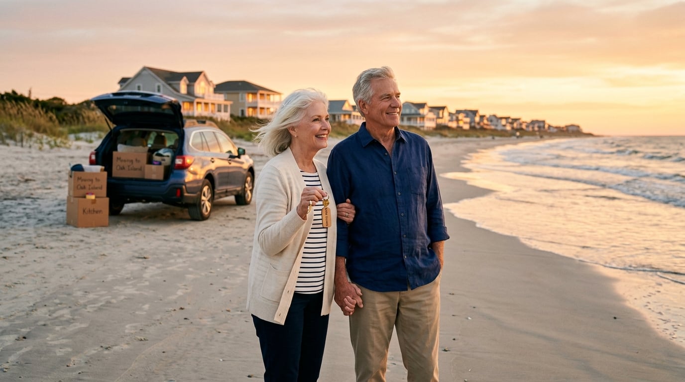 Couple with moving boxes and house keys on Oak Island beach at sunset