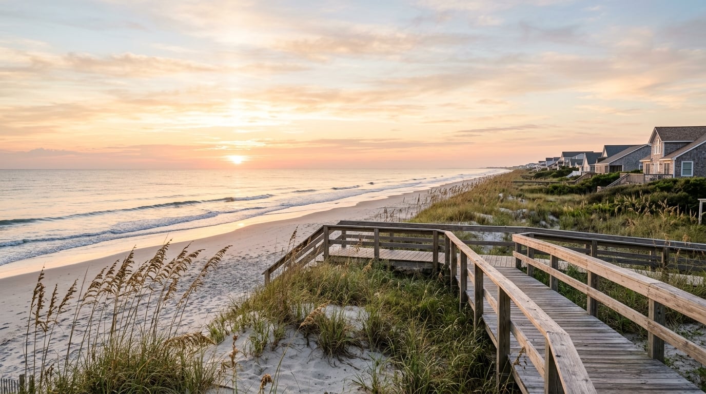 Oak Island, NC beachfront homes at sunset with boardwalk ideal for coastal retirement living
