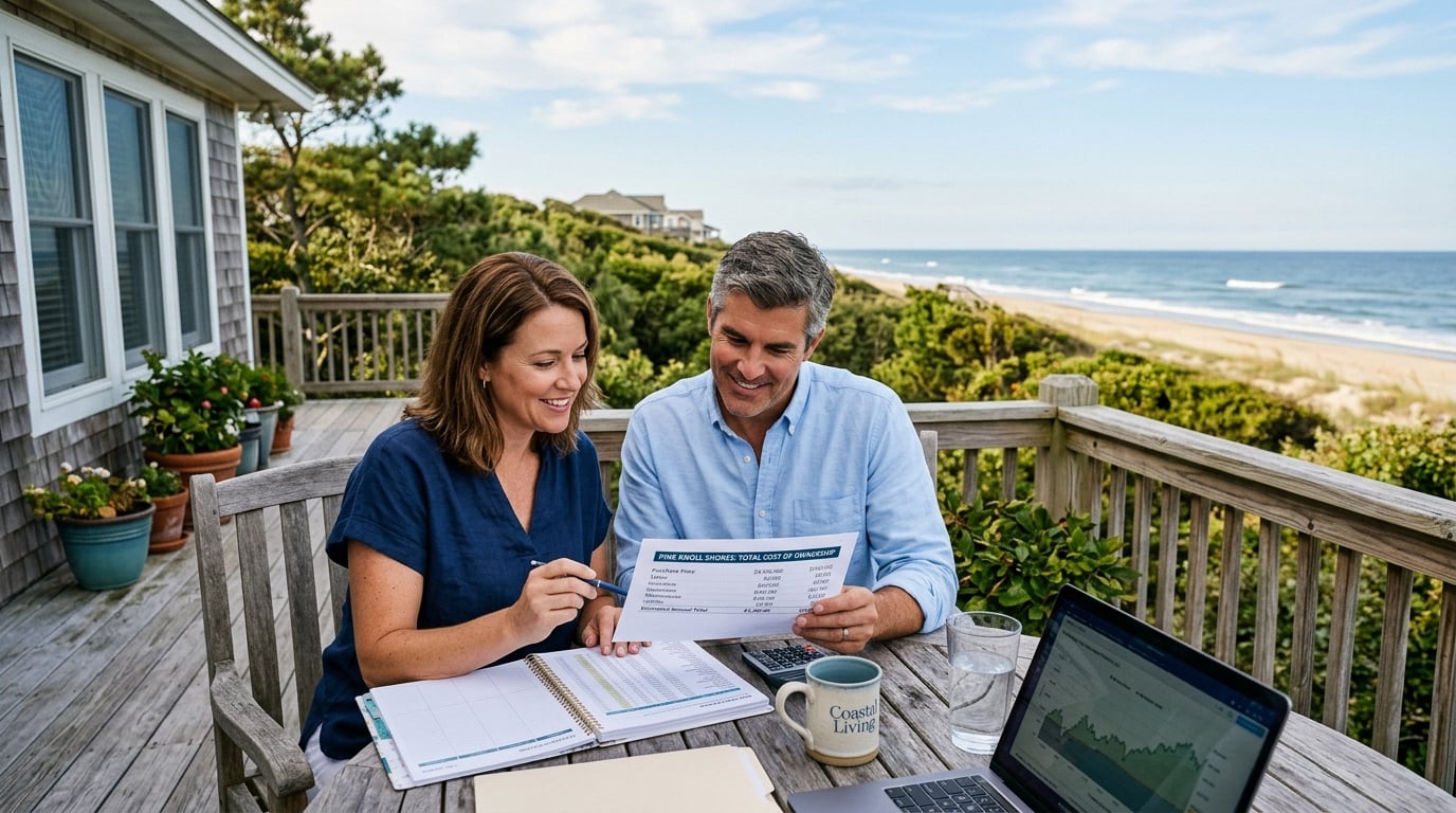 Couple reviewing Pine Knoll Shores living costs by the beach