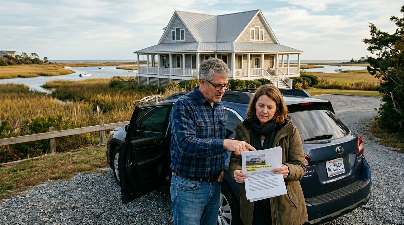 Couple reviewing coastal listing details outside waterfront home in North Carolina