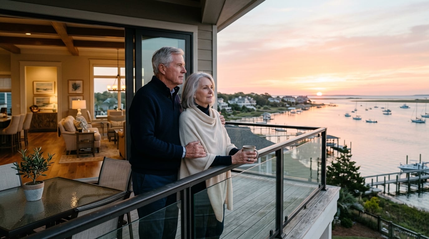 Couple enjoying waterfront home view in Coastal North Carolina relocation