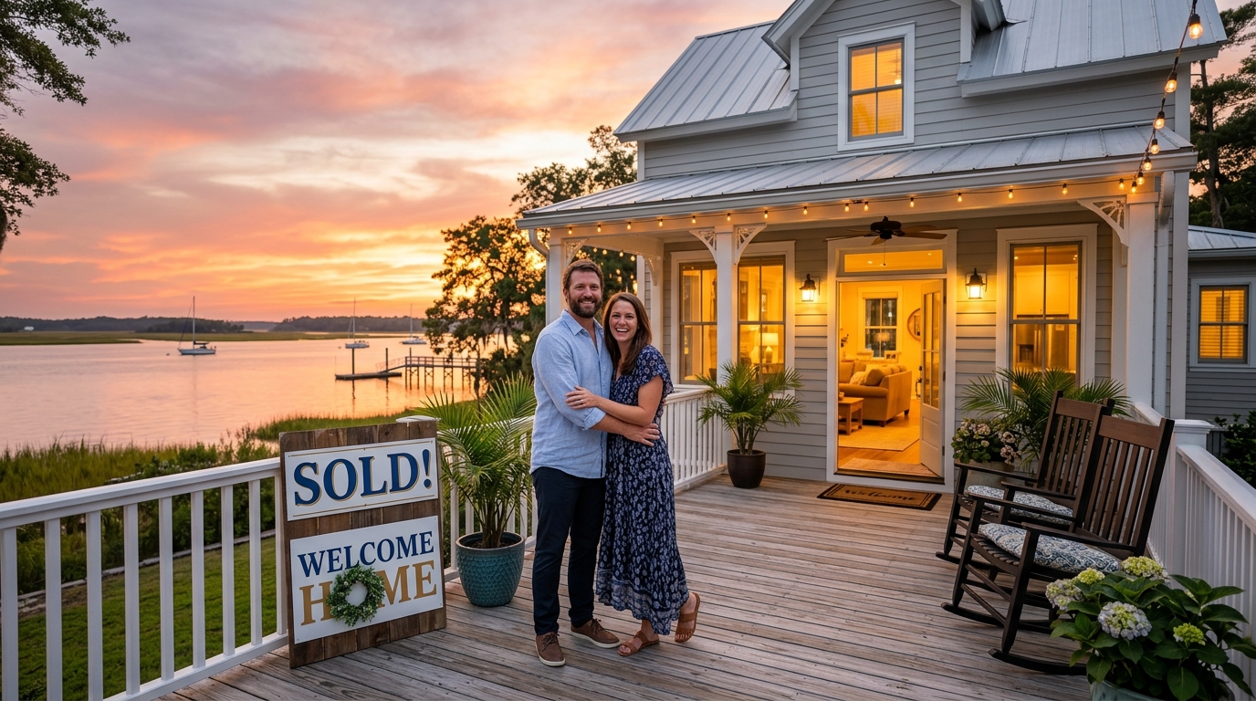 Couple in front of sold waterfront home in Beaufort, NC after fast home sale