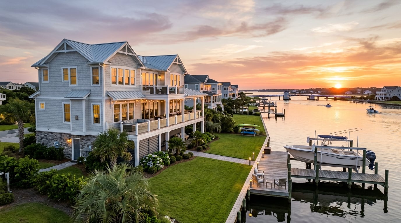 Surf City, NC waterfront home with private dock at sunset showing coastal