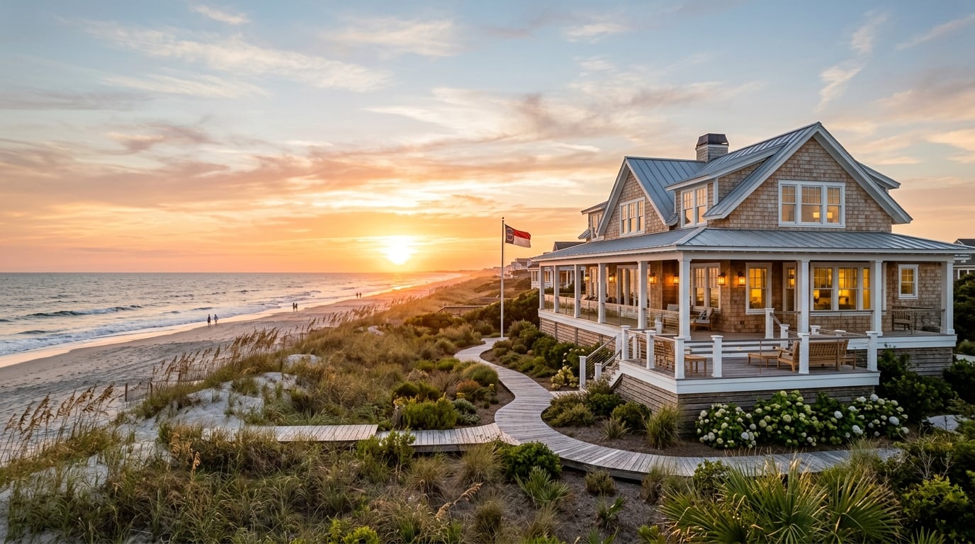 Oceanfront home at sunset in Emerald Isle, NC with dunes and wide beach views