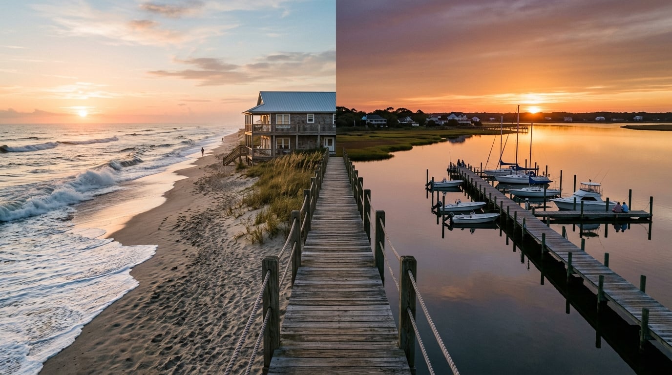 Emerald Isle NC beachfront and soundside neighborhoods with homes and docks at sunset