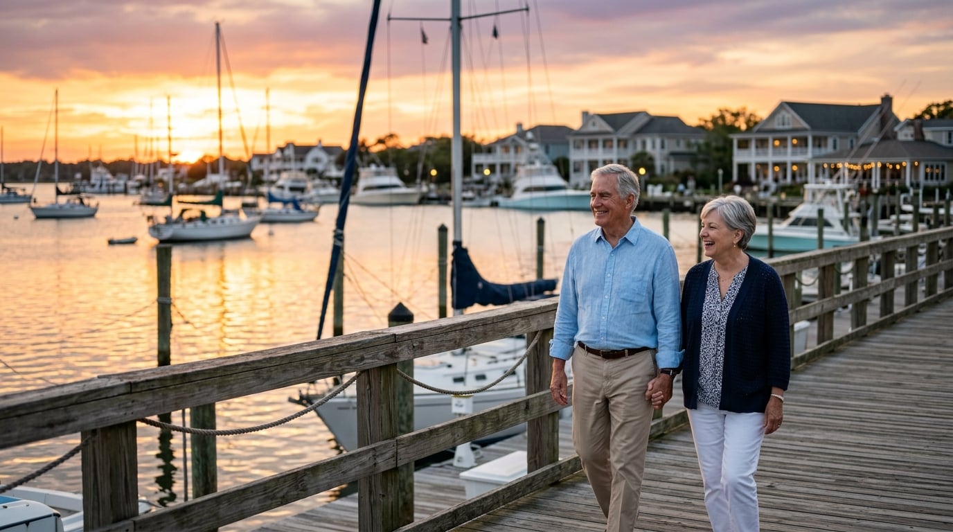 Retired couple walking waterfront dock in Morehead City neighborhood at sunset