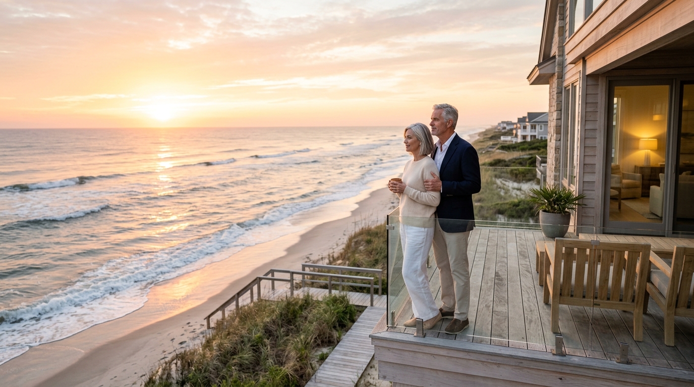 Luxury couple overlooking Crystal Coast oceanfront home at sunset